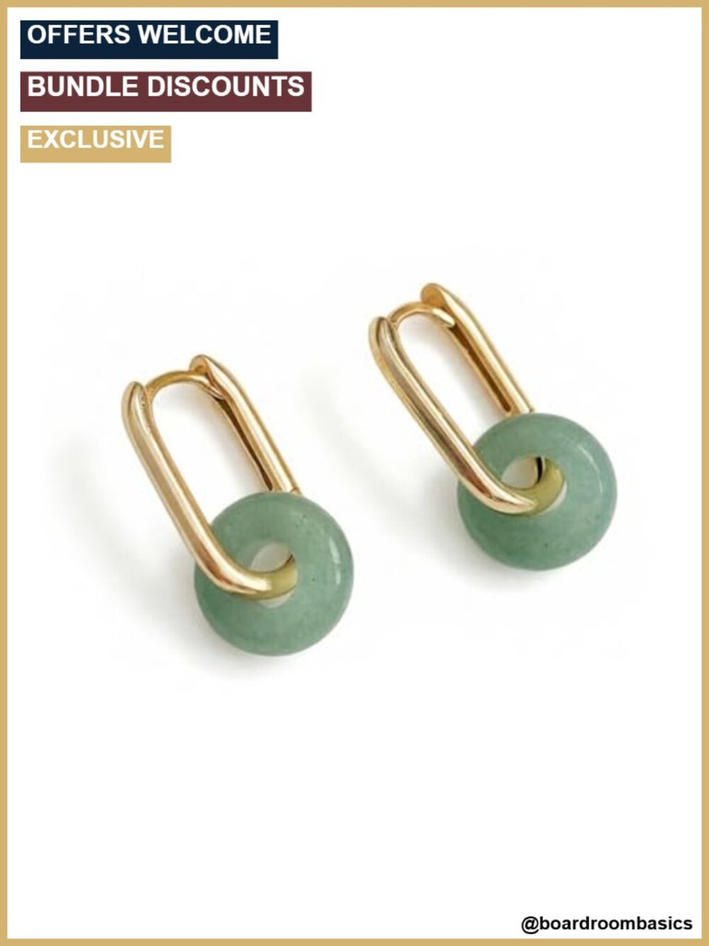Green Jade Hoop Earrings 18K Gold Plated Stainless Steel Handmade